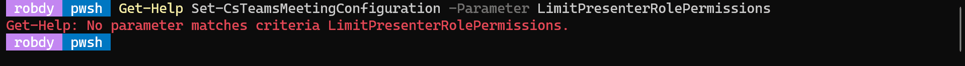 Inspecting LimitPresenterRolePermissions with Get-Help returns an error